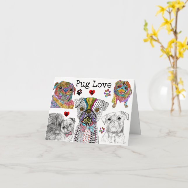 Cute and Colourful Pug Dog Assortment Greeting Car Card (Yellow Flower)