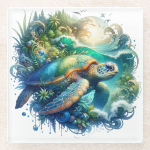 Cute and Colourful Sea Turtle Glass Coaster