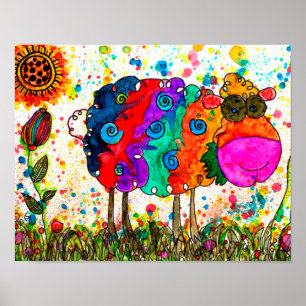 Cute and Colourful Sheep Poster - 10" x 8"