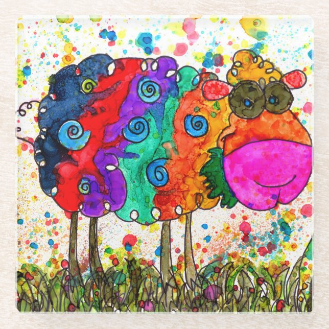 Cute and Colourful Sheep Trivet Glass Coaster (Front)