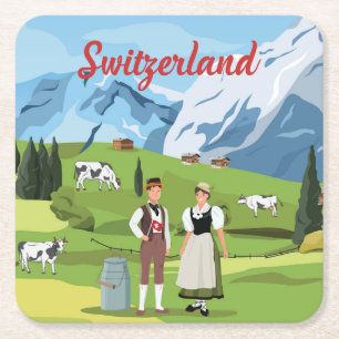 Cute and Colourful Switzerland Cartoon Drawing Square Paper Coaster