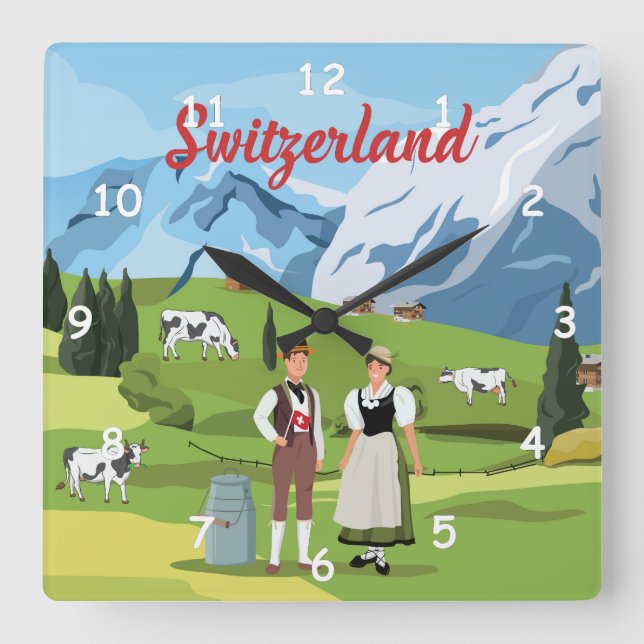 Cute and Colourful Switzerland Cartoon Drawing Square Wall Clock (Front)