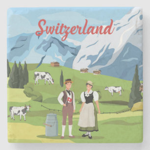 Cute and Colourful Switzerland Cartoon Drawing Stone Coaster
