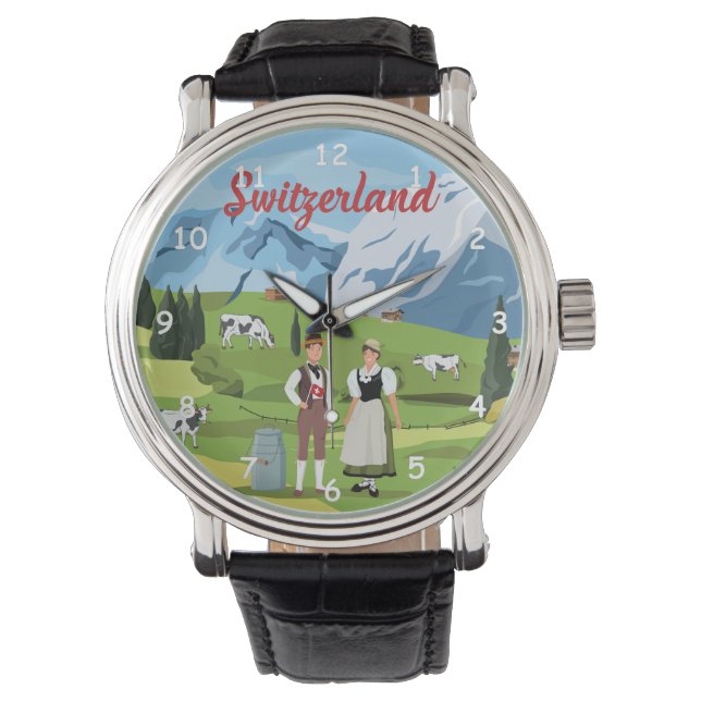 Cute and Colourful Switzerland Cartoon Drawing Watch (Front)