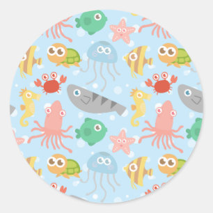 Cute and Colourful Underwater Animals Pattern Classic Round Sticker