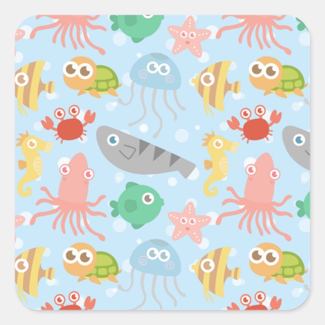 Cute and Colourful Underwater Animals Pattern Square Sticker (Front)