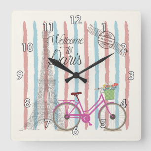 Cute and Colourful Welcome to Paris Square Wall Clock