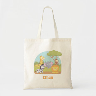 Cute and Colourful Wild Safari Animals Kids Name Tote Bag
