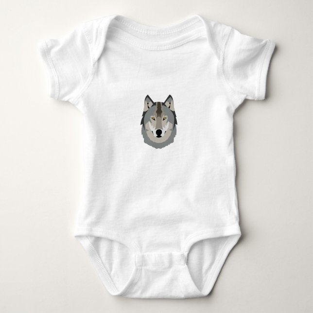 Cute and Cool Grey Wolf Face, Illustrated Animal Baby Bodysuit (Front)