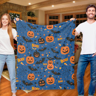 Cute And Cosy Black Orange And Blue Halloween Fleece Blanket