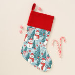 Cute and Cosy Snowman Christmas Christmas Stocking<br><div class="desc">Cute cosy snowmen in warm red scarves and warm knit hats and a pretty green,  red and blue pine tree background Christmas stocking.</div>