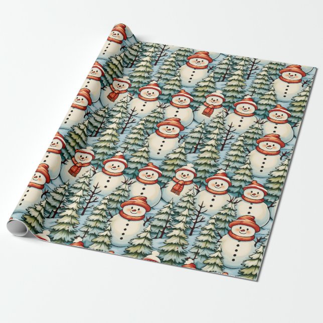 Cute and Cosy Snowman Christmas Wrapping Paper (Unrolled)
