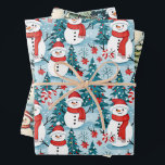 Cute and Cosy Snowman Christmas Wrapping Paper Sheet<br><div class="desc">Three sheets of cute snowmen in the winter wonderland forest. Christmas wrap with snowmen in warm red scarves and warm knit hats and a pretty green,  red and blue pine tree background.</div>