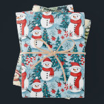 Cute and Cosy Snowman Christmas Wrapping Paper Sheet<br><div class="desc">Three sheets of cute snowmen in the winter wonderland forest. Christmas wrap with snowmen in warm red scarves and warm knit hats and a pretty green,  red and blue pine tree background.</div>