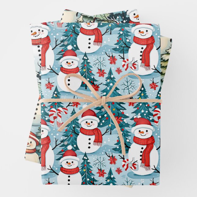 Cute and Cosy Snowman Christmas Wrapping Paper Sheet (In situ)