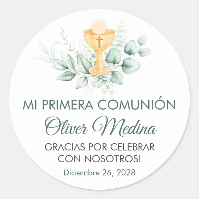 Cute and Elegant Green Leaves First Communion  Classic Round Sticker (Front)