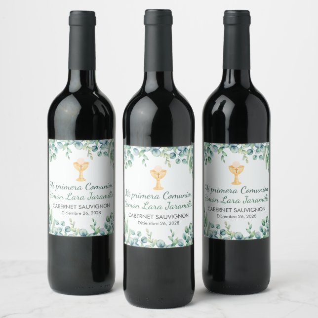 Cute and Elegant Green Leaves First Communion  Wine Label (Bottles)