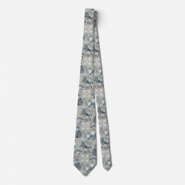 Cute and fancy grey foxes and flowers pattern tie (Front)