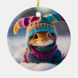 Cute and Fluffy Bunny in knitted hat Ceramic Ornament