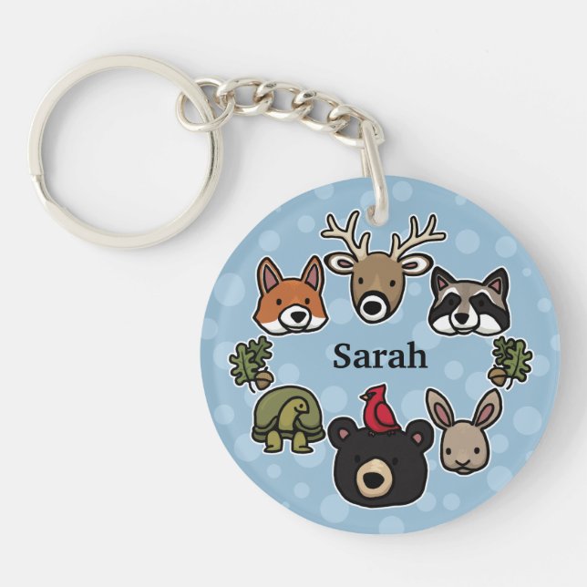 Cute and Friendly Forest Animals, Add Your Name Key Ring (Front)