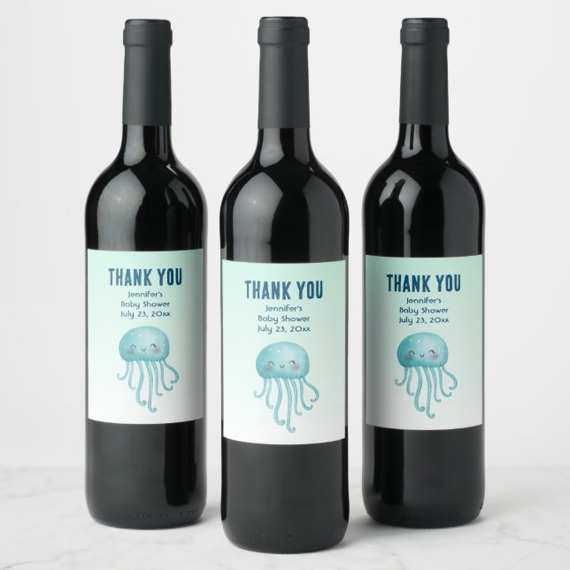 Cute and Fun Blue-Green Jellyfish Baby Shower Wine Label (Bottles)