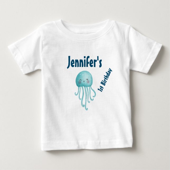 Cute and Fun Blue-Green Jellyfish Birthday Baby T-Shirt (Front)