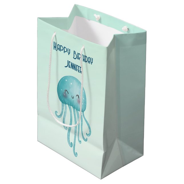 Cute and Fun Blue-Green Jellyfish Birthday Medium Gift Bag (Front Angled)