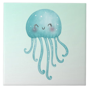 Cute and Fun Blue-Green Jellyfish Ceramic Tile