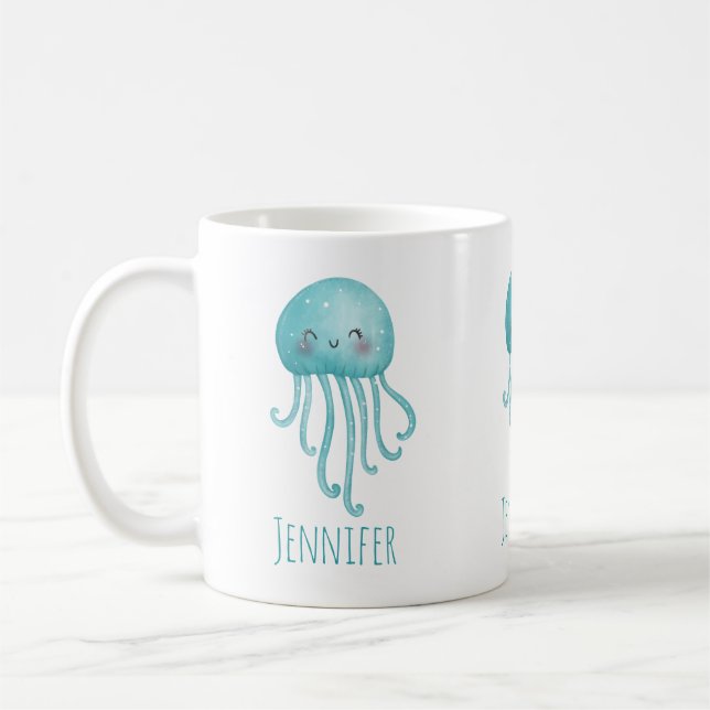 Cute and Fun Blue-Green Jellyfish Coffee Mug (Left)