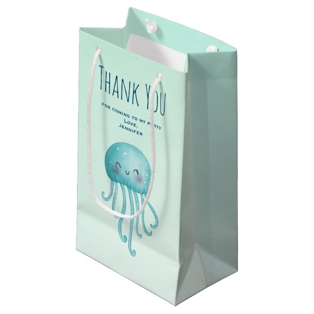 Cute and Fun Blue-Green Jellyfish Party Thank You Small Gift Bag (Front Angled)