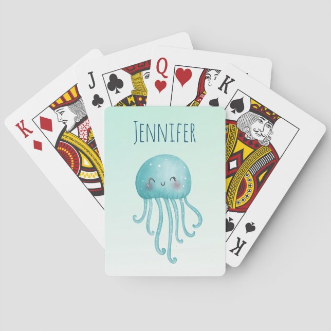  Cute and Fun Blue-Green Jellyfish Playing Cards (Back)