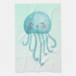 Cute and Fun Blue-Green Jellyfish Tea Towel