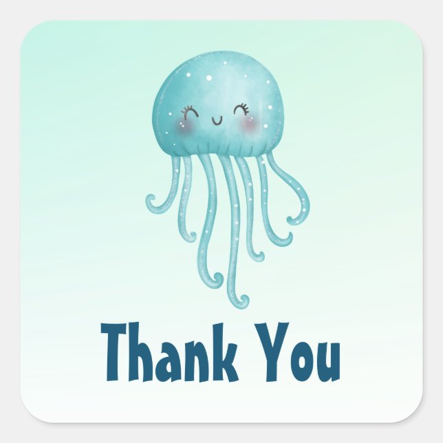 Cute and Fun Blue-Green Jellyfish Thank You Square Sticker (Front)