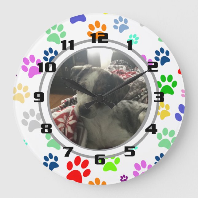 Cute and Fun Pet Paw Pattern Your Pat Picture Large Clock (Front)