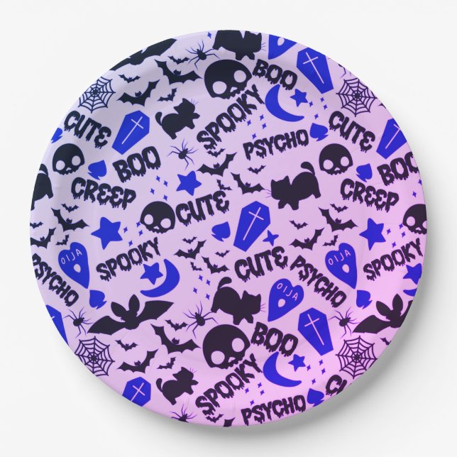 Cute and Fun Purple, Blue and Black Halloween Paper Plate (Front)