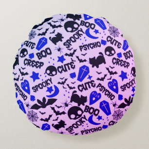 Cute and Fun Purple, Blue and Black Halloween Round Cushion