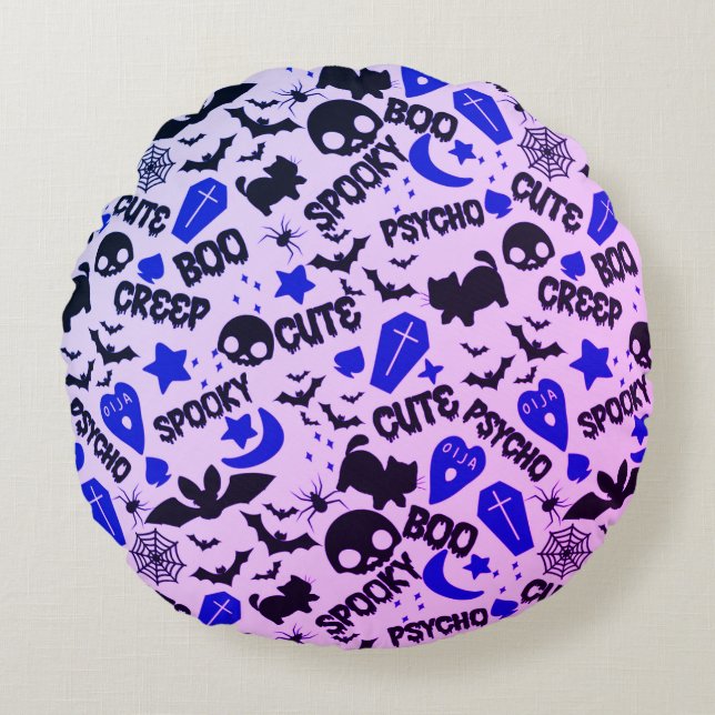 Cute and Fun Purple, Blue and Black Halloween Round Cushion (Front)