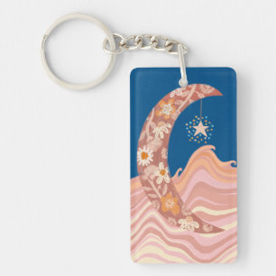 Cute and funky moon, stars and waves keychain. key ring