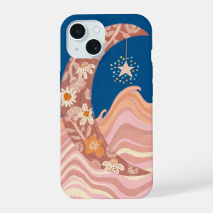 Cute and funky moon, stars and waves phone case. iPhone 15 case