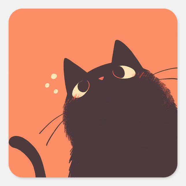 Cute and Funny Black Cat on Orange Background Square Sticker (Front)