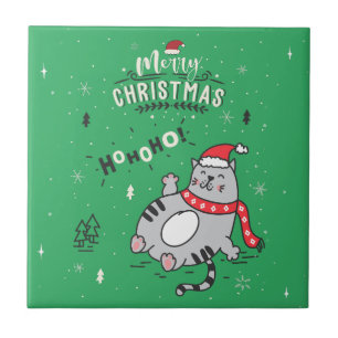 Cute and Funny Cat Christmas joyful Greetings Ceramic Tile
