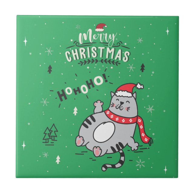 Cute and Funny Cat Christmas joyful Greetings Ceramic Tile (Front)