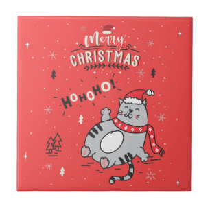 Cute and Funny Cat Christmas joyful Greetings Ceramic Tile