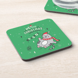 Cute and Funny Cat Christmas joyful Greetings Coaster