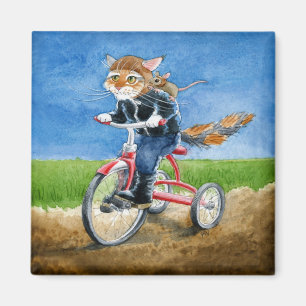 Cute and funny cat & mouse riding tricycle magnet