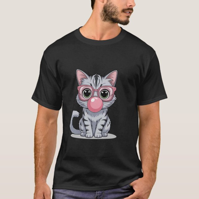 Cute and Funny Cat Pink Sunglasses And Blowing Bub T-Shirt (Front)