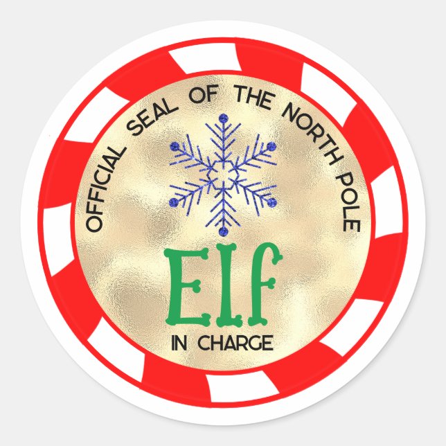 Cute and Funny Christmas Elf in Charge Classic Round Sticker (Front)