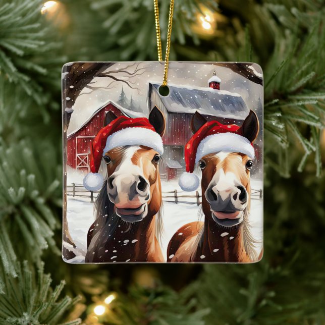 Cute and Funny Christmas Horses Barn Ceramic Ornament (Tree)