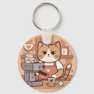 Cute and Funny Cozy Cartoon Barista Cat  Key Ring
