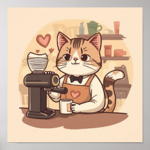 Cute and Funny Cozy Cartoon Barista Cat Poster